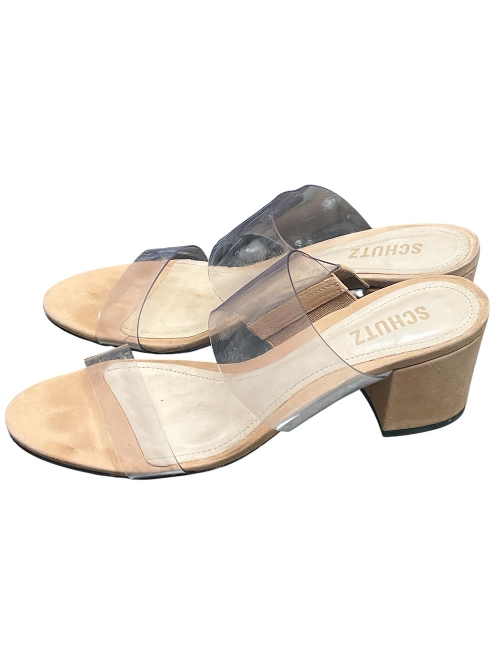 Schutz Victorie beige suede and clear vinyl two strap block heel sandals